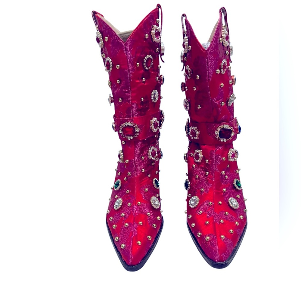 πΌπππNWOT AZALEA WANG DILIGENT RED BROCADE AND GEMS WESTERN BOOTIE. No box - Picture 7 of 15